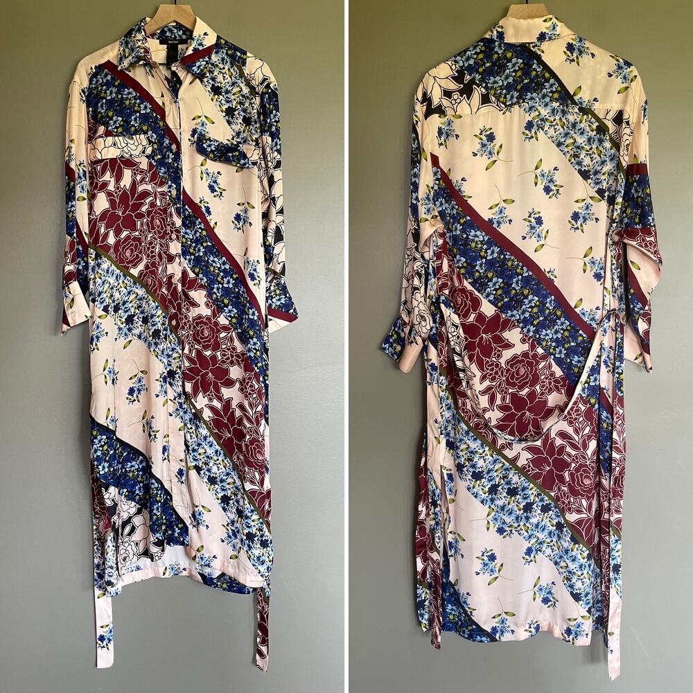 SMYTHE Shirtdress Multi Scarf Print Size Small Pink Cream Red Blue Floral Chic - Picture 5 of 16